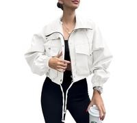 Jackets for Women Cropped Zip Up Lightweight Windbreaker with Pockets (White,L)