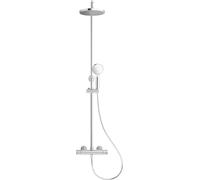 Jacob Delafon - Columna de ducha termostática Camille - Cabeza redonda con chorro de lluvia de 20 cm - Ducha redonda 10,5 cm con 3 chorros - Perchas de fijación ajustables - Cromo - E41454-CP