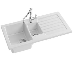 JACOB DELAFON Fregadero Cerámico de Cocina con 1,5 Pozas Muy Duradero e Higiénico Fácil Limpieza y Mantenimiento Reversible (Grifería a Izquierda o Derecha) Medidas 100x50 cm Color Blanco ESC02-00