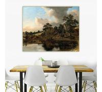 Jacob van Ruisdael "Un paisaje boscoso con una cabaña junto a la" Impresiones en lienzo Pintura al óleo Imagen Decoración de pared para el hogar (70x110cm/Sin marco)