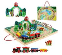 Jacoboys Juego de vías de Tren para niños de Madera de 18 Piezas, ferrocarril, 4 Trenes, Piezas de Juego, Regalo para niños de Puente para niñas Mayores de 3 años