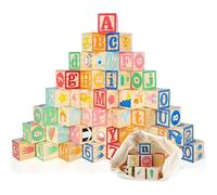 Jacootoys 36 Uds Bloques ABC de Madera Extra Grande Letras del Alfabeto Juego de Construcción Montessori Juguetes Educativos para Niños