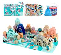 Jacootoys Bloques de construcción de Madera 133 Piezas Juguetes apilables de la Ciudad con Juego de Aprendizaje para niños de 3 a 6 años