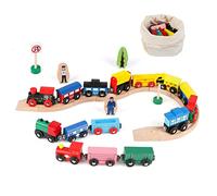 Jacootoys Juego de 31 vagones magnéticos de madera, 15 coches, 10 pistas con bolsa de almacenamiento para niños pequeños, compatible con las principales marcas de trenes