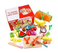 Jacootoys Juguetes de Corte de Madera Magnéticos Frutas y Verduras Juego de Alimentos con Delantal y Gorro de Cocinero para Niños Niñas