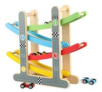 Jacootoys Rampa de Carrera para Niños de 1 a 2 Años, Juegos Circuito Coches Pista de Madera Juguetes Incluye 4 Autitos