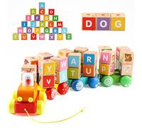 Jacootoys Trenes de Juguete Tren de Madera con Letras Alfabeto Bloque Juegos de Construcción Preescolar para Niños de 2 Años, 26 Piezas