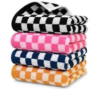 Jacquotha Juego de 4 Toallas de Mano de Lujo, Toallas Decorativas de algodón Suave a Cuadros para Cocina y baño, Color Negro, Rosa Fuerte, Azul Marino, Naranja, 13 x 29 Pulgadas, Toalla Familiar para