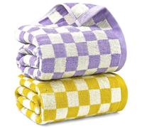 Jacquotha Juego de Toallas de Baño a Cuadros en Amarillo y Lila, Suaves y Coloridas para Baño, SPA, Ducha, Paquete de 2 Toallas de 55 x 27.5 Pulgadas, Finas