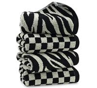 Jacquotha - Toallas de Mano de baño, Paquete de 4 Unidades con 2 Modelos, Toallas de Mano Negras con diseño a Cuadros y de Cebra, de algodón