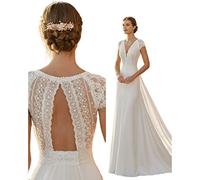 JACTZ Vestido De Novia Elegante Encaje Satén Moderno Sirena Con Tren Desmontable V Cuello Marfil Bata De Talla Grande-White,8