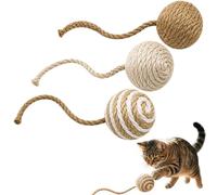 Jaczora Paquete de 3 bolas de juguete de sisal para gatos con cuerda para | 4 cm de diámetro, campana interior silenciosa, fibras naturales, colores beige a rayas marrones, protección de muebles