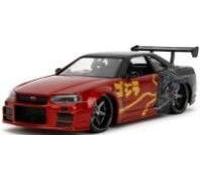 Jada Godzilla 2003 Nissan Skyline GTR R34 - Escala 1:24 fundido a presión, puertas de apertura, capó, maletero, neumáticos de goma - Coleccionable para adultos - Licencia Toho