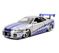 Jada 97158 Fast and Furious Coche Nissan Skyline GT-R R34 2002, Hecho en Metal, Neumáticos de Goma, Plata, 1:24