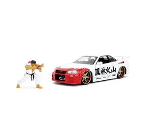 Jada -Coche Nissan Skyline GT-R 2022 con Figura del carismático Personaje de Street Fighter II, Ryu de 7cm para Fans y niños Mayores de 8 años. Escala 1:24 (253255071)