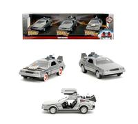 Jada Delorean Regreso al Futuro Set 3 Coches Escala 1:32, 40 Aniversario, Modelos icónicos de la trilogía, Cuerpo metálico, Licencia Oficial (9333399314R00)
