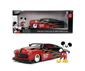 Jada Disney Vintage Mickey - Mercury 1951 - Juguetes de Coche Fundido a presión de Hollywood Rides - Diseño de Llama - Figura de Mickey - Edición de coleccionista - Edad 8+ - Rojo/Negro