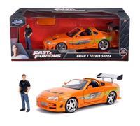 Jada - Fast and Furious Toyota Supra y Figura de Brian -1995 Toyota Supra Mk4 Modelo de Coche 1:24 Naranja con Brian O'Conner, vehículo con alerón,Apertura de Partes y Techo Desmontable (253205001)