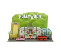 Jada Diorama Hollywood Rides Walk of Fame — letrero de Hollywood y 2 vehículos (autobús y Cadillac)
