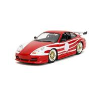Jada Porsche Carrera 911 GT3 (996), juguetes de rayas rojas y blancas 35137-1/24 a escala de coche fundido a presión