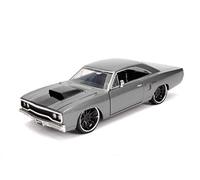 Jada Toys 253203054 Fast & Furious Dom's 1970 Plymouth Road Runner - Modelo de Tuning a Escala 1:24, Puertas Abiertas, capó y Maletero, Rueda Libre, Color Gris