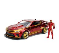 Jada Toys, 99724R, Modelo 2016, Chevy Camaro con Figura Iron Man 1/24 Die Cast Marvel, Rojo/Oro