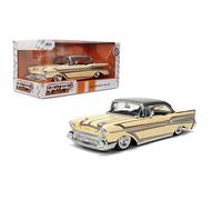 Jada Toys Bigtime Muscle 1:24 1957 Chevy Bel-Air - Puerta de apertura, capó, maletero, neumáticos de goma (beige brillante)
