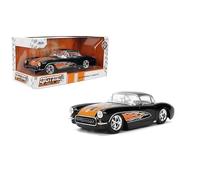Jada Toys Bigtime Muscle 1:24 1957 Chevy Corvette - Apertura de puertas, capó, maletero, neumáticos de goma (llamas negras brillantes)