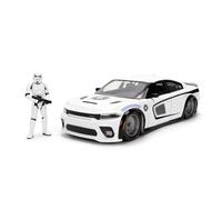 Jada Toys Star Wars Stormtrooper Dodge Charger SRT Hellcat 1:24 Die-Cast Coche con Figura, Puertas, Maletero y capó para Abrir, Rueda Libre, 19 cm, Color Blanco