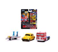 Jada Toys Transformers 253111005 - Juego de 3 Coches coleccionables Nano Optimus Prime, Starscream, G1 Bumblebee Volkswagen Beetle, 4 cm, a Partir de 8 años