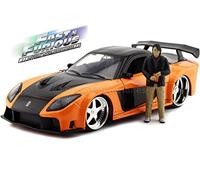 Jada Vehiculo Mazda RX7 Metalico, Fundida a Presión, De la Saga Fast and Furious (Licencia Oficial), Coche de Juguete y Figura, Partes móviles, Escala 1:24, Color Negro/Naranja