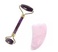 Jade Rose Masajeador de doble rodillo de cuarzo para rostro, antienvejecimiento, para rostro, gemas 100 % naturales con herramienta de masaje para raspar gua, rejuvenecimiento de la piel del cuello