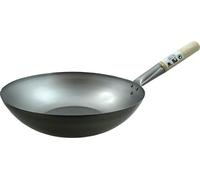 JADE TEMPLE Wok en Acero al Carbono con Base Plana de 35 cm de diámetro y Mango de Madera, Metal, Gris