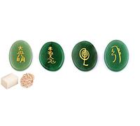 Jade verde 4 piezas piedras de chakra grabadas palma piedra Reiki equilibrio con rosa desierto/cubo selenita-bendición curación completa