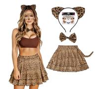 JadeLink Disfraz Leopardo Mujer, Disfraces Carnaval, Con Diadema con Orejas de Leopardo, Falda, Cola, Pegatina para la Cara y Pajarita, Disfraz de Animal para Mujer para Halloween, Carnaval, Fiesta