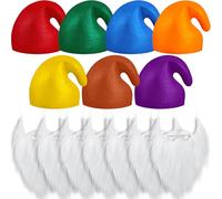 Jadive 14 Piezas Disfraz de Pitufo 7 Sombreros de Pitufo para Adulto 7 Barbas con Barbas Blancas Sombrero Puntiagudo Colorido con Barba Para Carnaval, Mardi Gras, Halloween y Navidad