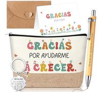 Jadive 5 Piezas Regalo Profesora Infantil Gracias por Ayudarme a Crecer Bolsa Maquillaje Maestro Llavero Profesora Bolígrafo Tarjeta sobre Regalo Original Maestra para Educador Profe Niñera(Yute)