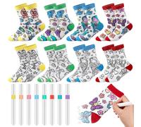 Jadive 8 Pares Calcetines con Dibujos para Niños Pinta Tus Propios Calcetines y 16 Marcadores para Colorear, Manualidades y Arte Regalos para Vuelta al Cole DIY para Niños de 6 a 10 Años