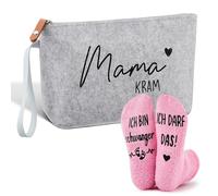 Jadive Set 2 Regalos Futura Madre Mama Kram Bolsa de Cosméticos de Fieltro con Cremallera Calcetines Antideslizantes para Embarazada Nueva Mamá Mujer Baby Shower Anunciar Embarazo (Gris Claro, Rosa)
