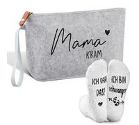 Jadive Set 2 Regalos Futura Madre Mama Kram Bolsa de Cosméticos de Fieltro con Cremallera Calcetines Antideslizantes para Embarazada Nueva Mamá Mujer Baby Shower Anunciar Embarazo (Gris Claro, Blanco)