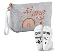 Jadive Set 2 Regalos Futura Madre Mama Kram Bolsa de Cosméticos de Fieltro con Cremallera Calcetines Antideslizantes para Embarazada Nueva Mamá Mujer Baby Shower Anunciar Embarazo (Arcoíris, Blanco)