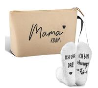 Jadive Set 2 Regalos Futura Madre Mama Kram Bolsa de Cosméticos de Fieltro con Cremallera Calcetines Antideslizantes para Embarazada Nueva Mamá Mujer Baby Shower Anunciar Embarazo (Beige, Blanco)