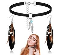 Jadive Set Pendientes de Plumas con Perlas Joyería India Gargantilla de Cuero Retro Bohemios Steampunk Mujer(Negro)
