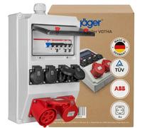 JÄGER Distribuidor de pared para montaje en superficie, CEE 16A/32A | Corriente de alta potencia 400 V, 4 enchufes de 230 V, cableados con ABB FI y LS, VOTHA Wolfsburg, fabricado en Alemania