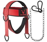JAG GEARS Entrenador de cuello - Entrenador de cuello acolchado de neopreno de 7 mm con cadena de acero ajustable de 110 cm de largo para entrenamiento de cuello - Arnés de cabeza para gimnasio (rojo)