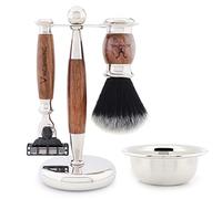 Jag - Set de afeitado (5 piezas, pelo sintético, brocha de afeitar de punta blanca, 3 maquinillas de afeitar, soporte para afeitar)