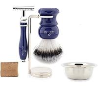 Jag Shaving Double Edge - Juego de afeitado (brocha de afeitar de pelo sintético, soporte y bandeja de afeitar)