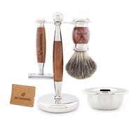 Jag Shaving Germany - Juego de afeitado de 5 piezas, brocha de afeitar de pelo de tejón, maquinilla de afeitar de doble filo, soporte de afeitar, funda de piel para maquinilla de afeitar, madera