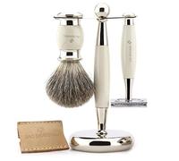 Jag Shaving Ivory - Kit de afeitado para hombre, maquinilla de afeitar de doble filo con funda de cuero, cepillo de pelo de tejón y soporte, perfecto para hombres