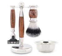 Jag Shaving Jag - Set de afeitado (5 piezas, pelo sintético, brocha de afeitar, 3 cuchillas de afeitar, soporte de acero inoxidable y madera, cuenco de afeitar, juego de madera)